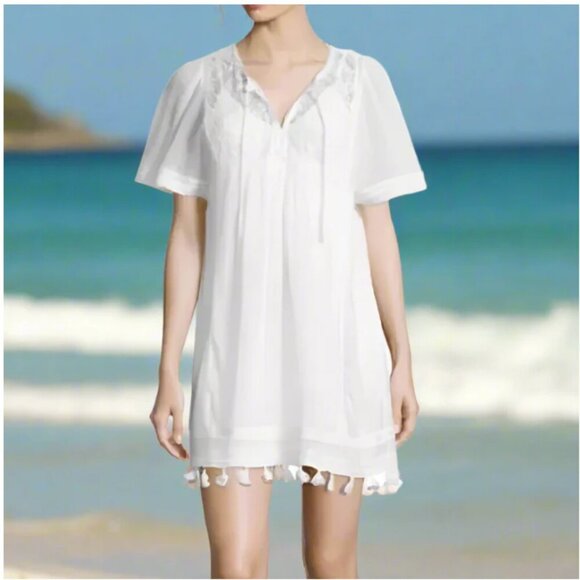 Joie Dresses & Skirts - Joie Cotton Embroidered Mini Dress Womens Small White Short Sleeve Tunic Summer